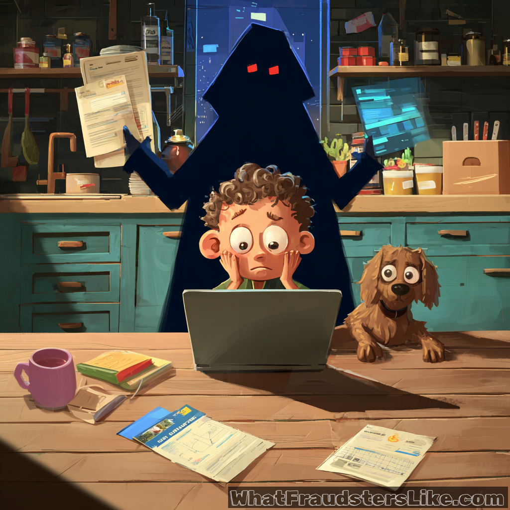 A startled boy stares wide-eyed at a laptop on a kitchen counter, with a large, ominous, shadowy figure with red eyes looming behind them, holding papers and a glowing screen, while a worried dog peeks from the right.