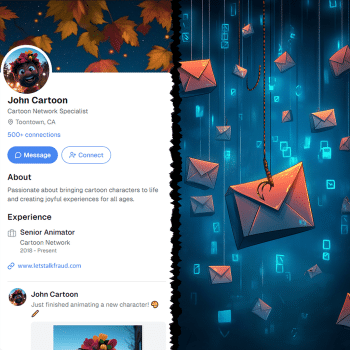 The image is split, with the left side showing a fake LinkedIn profile for "John Cartoon" with cartoon-themed details, and the right side depicting numerous digital envelopes hanging on strings against a blue background with binary code, suggesting a phishing or data collection operation.