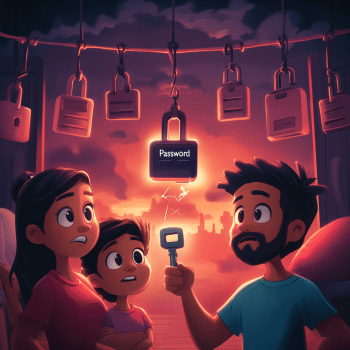 A family of three, looking concerned, watches as a glowing key held by the father appears to interact with a prominent "PASSWORD" padlock hanging from a row of other locks against a dramatic, sunset-like sky.