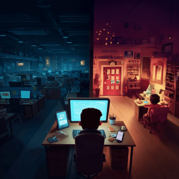 The image is split vertically: on the left, a dark, empty office with numerous computer screens glows blue, while on the right, a warm, well-lit home office shows a person working at a desk.