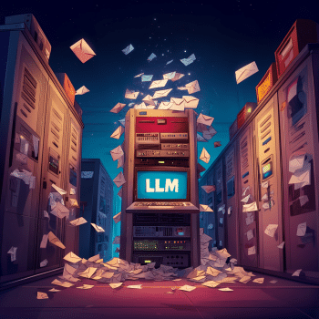A glowing server rack with "LLM" displayed on its screen is surrounded by a whirlwind of flying envelopes and piles of envelopes at its base, all set between rows of other servers under a starry night sky.