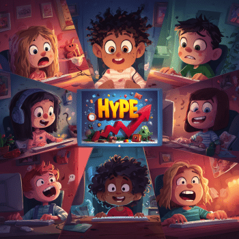 A group of diverse children are depicted in a split-screen layout, each reacting with expressions ranging from excitement to alarm as they interact with computers, all centered around a glowing screen displaying the word "HYPE" with an upward-trending graph and small, mischievous creatures.