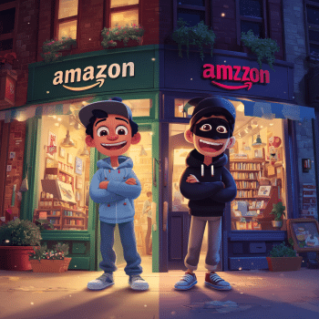 The image is split down the middle, showing two storefronts side-by-side: on the left, a smiling boy stands in front of a bright green "amazon" store, while on the right, a boy in a black mask and hoodie stands in front of a dark blue "amazon" store, both with arms crossed and smiling mischievously.