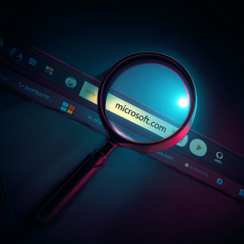 A hooded, shadowy figure is seen behind a computer monitor displaying a phishing attempt - a magnified screen shows the misspelled domains "nicosoft.com" while on the other monitor it's "micrsoft.com"