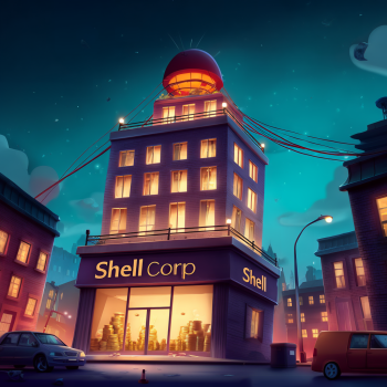A tall, dark building labeled "Shell Corp" and "Shell" sits in a nighttime cityscape, with its ground floor windows revealing large stacks of gold coins, and wires extending from a large, glowing red dome on its roof.