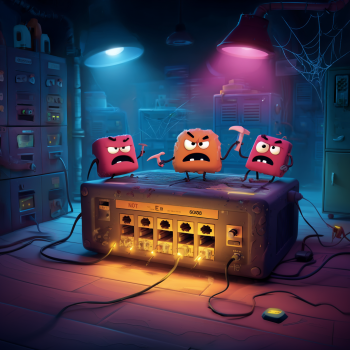 Three angry, square-shaped cartoon monsters wielding hammers and pickaxes stand atop a vintage, glowing network router with multiple ports and tangled wires.