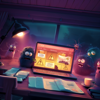 Fuzzy pink monsters - representing malware and bugs - with wide, toothy grins and frantic expressions swarm around an open laptop displaying a website management dashboard, suggesting a viral infection or malicious takeover of a WordPress-style site.