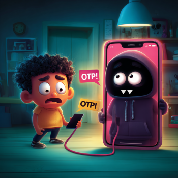 A worried boy holds a smartphone while a large, hooded cartoon fraudster looms out of a giant phone screen next to him, both surrounded by speech bubbles demanding "OTP!".