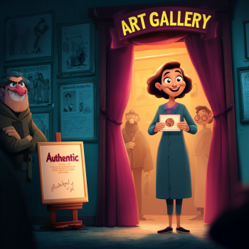 A woman in a stylish yellow dress stands in an art gallery, admiring a large, vibrant painting of a sunset over the ocean, while a man in a sharp suit stands beside her, gesturing toward the artwork as if telling a persuasive story about its origin or value.
