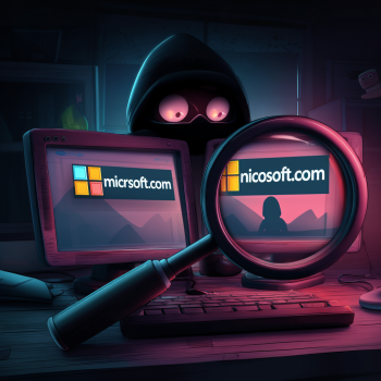 The left monitor displays a logo resembling Microsoft with the text "micrsoft.com" (missing the "o"). A large magnifying glass is held over the right monitor, revealing the text "nicosoft.com" (replacing "mi" with "ni"). The image uses a moody pink and blue color palette to represent a cybercrime setting, specifically illustrating a typosquatting phishing attack.