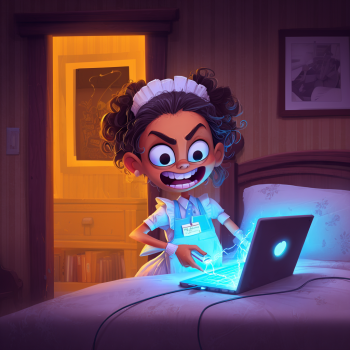 In a dimly lit bedroom, a character dressed as a hotel maid with an exaggerated, mischievous expression and wild hair stands over an open laptop on a bed. Electric blue sparks and light emanate from the keyboard as she manipulates the device, contrasting with the warm orange glow coming from the open doorway in the background. The image serves as a cautionary visual for insider threats and the importance of locking computers in public or semi-private spaces.