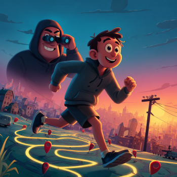 A happy young runner jogs along a glowing path marked with red location pins, while a large, shadowy figure in a dark hoodie watches him through binoculars from the background.