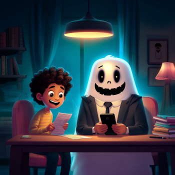 A young man with a happy expression sits at a desk, reviewing what appears to be an insurance document. Sitting next to him is a glowing, friendly-looking ghost wearing a formal business suit and tie, holding a smartphone. The scene is set in a cozy room with warm overhead lighting, creating a false sense of security. The image serves as a visual metaphor for scammers who pose as legitimate brokers to sell fake or invalid insurance policies to unsuspecting victims.