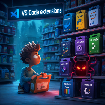 Set inside a retail store aisle with a glowing blue overhead sign that reads "VS Code extensions" alongside the Visual Studio Code logo, a young developer looks surprised and cautious while holding an open cardboard box. To his right, shelves are lined with colorful product packages representing popular coding tools, including Docker, Python, Jupyter, Prettier, CodeSnap, Git Prefix, GitLens, Rainbow CSV, and LunaPaint. Hidden among the legitimate tools is a pitch-black, sinister package with glowing red eyes and pink octopus-like tentacles wrapping around adjacent items, symbolizing a malware-infected or typosquatted extension. The image serves as a visual metaphor for supply chain attacks and the danger of developers unintentionally installing malicious code through untrusted marketplace extensions.