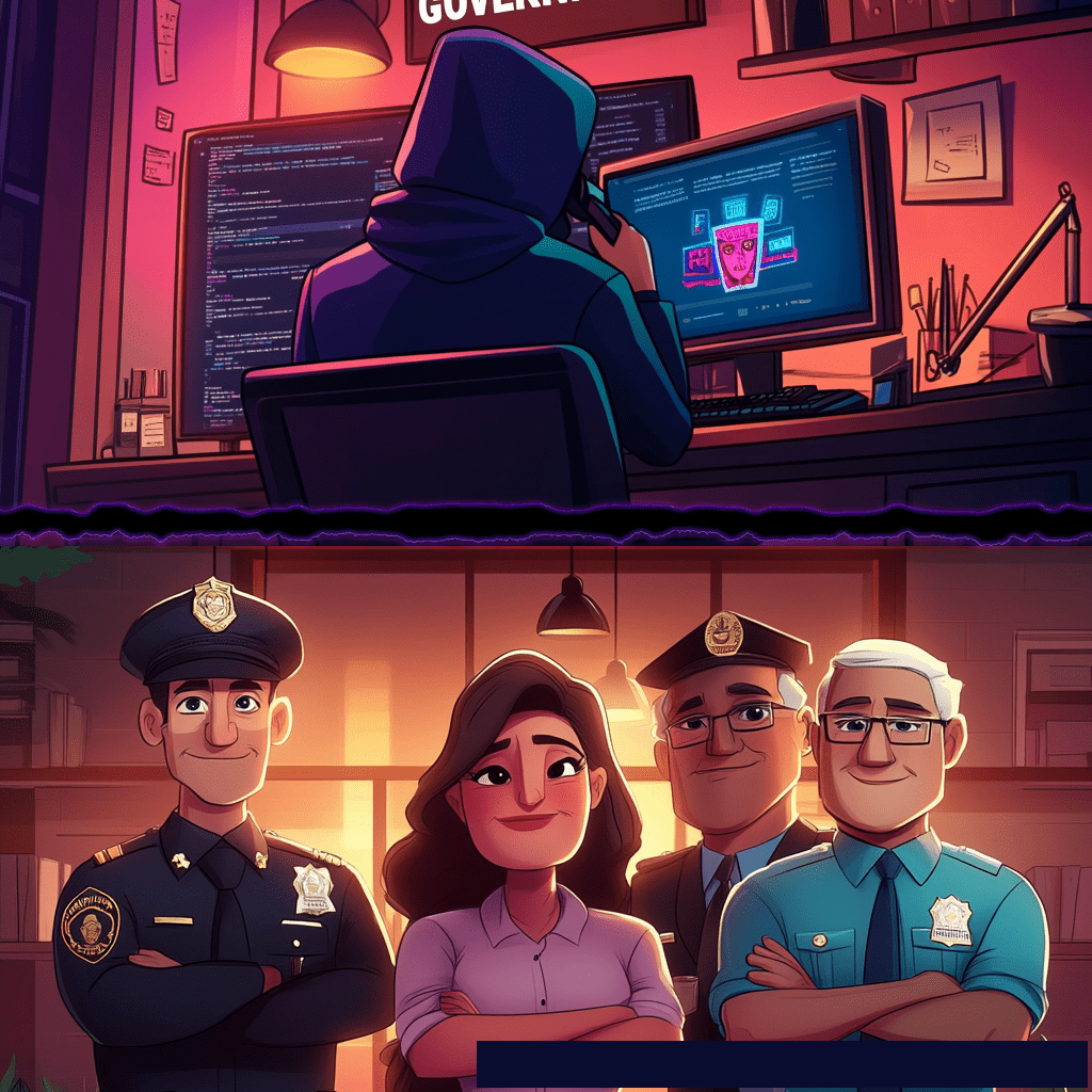 The image is divided horizontally: the top half shows a hooded figure from behind, actively working on multiple computer screens in a dark, neon-lit room, while the bottom half depicts a group of four smiling individuals, including a female professional and three men in various authority uniforms (police officer, uniformed official, civilian professional), standing with crossed arms.