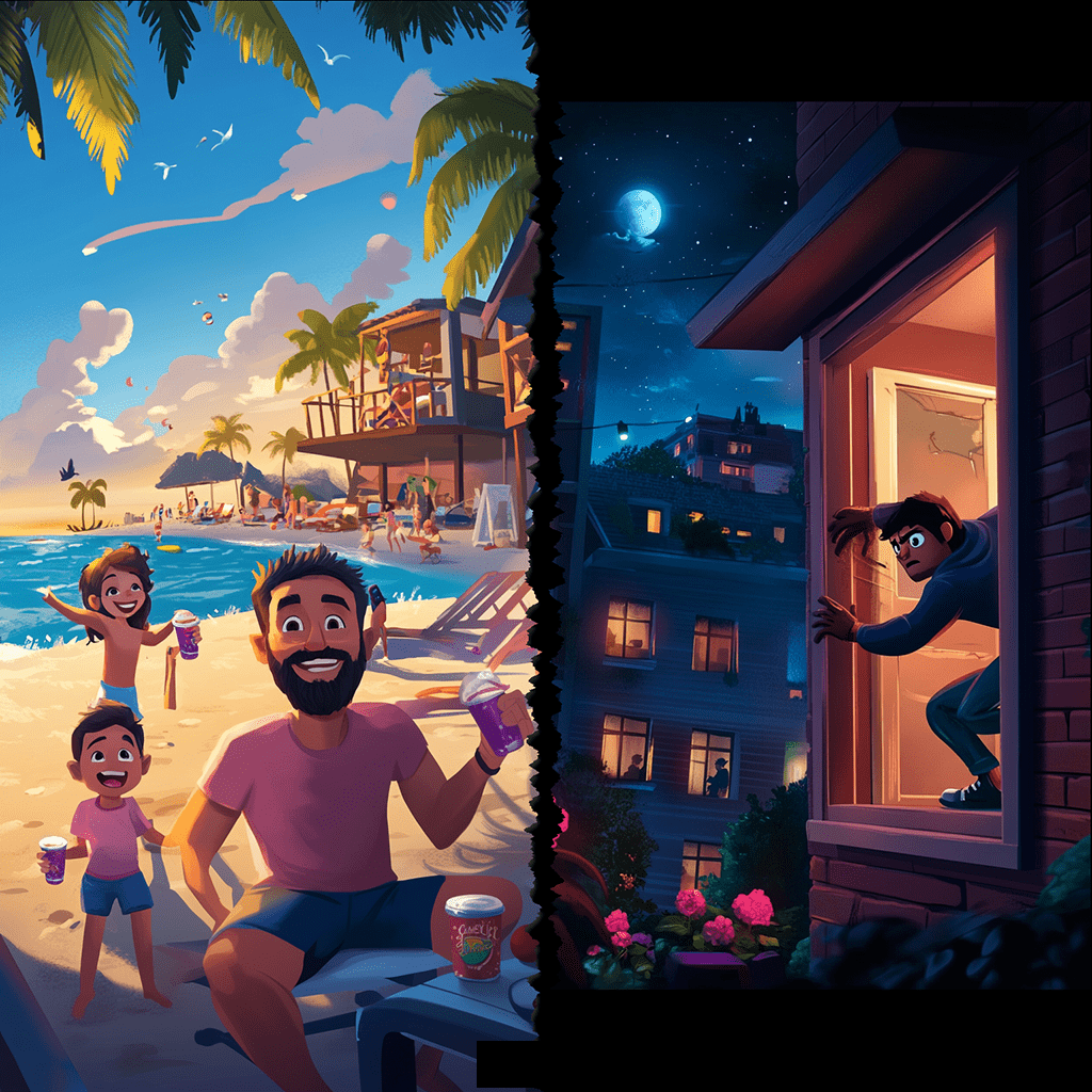 The image is split vertically: the left side depicts a cheerful family on a bright, sunny beach enjoying drinks, while the right side shows a shadowy figure sneaking through a window into a dark house at night.