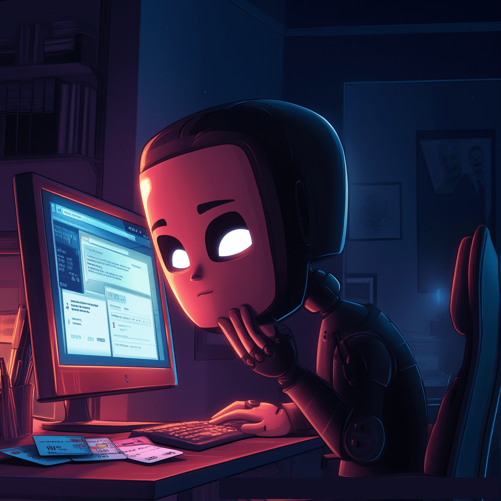 A stylized robot with a face mask and glowing white eyes sits at a desk pretending to be human, in front of a computer screen displaying various digital interfaces, with credit cards visible in front of the keyboard.