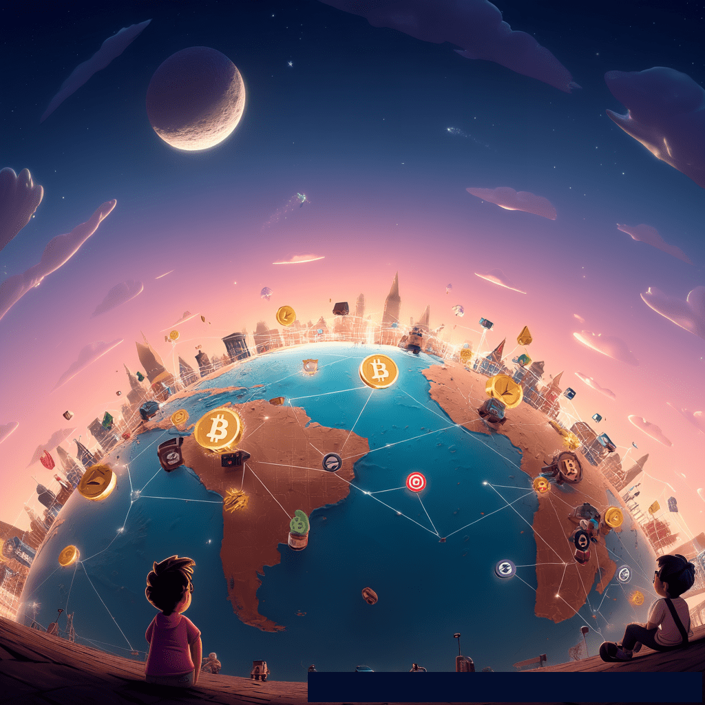 Two children gaze upwards at a stylized globe adorned with connected cryptocurrency symbols and cityscapes, all under a twilight sky with a crescent moon and distant stars.
