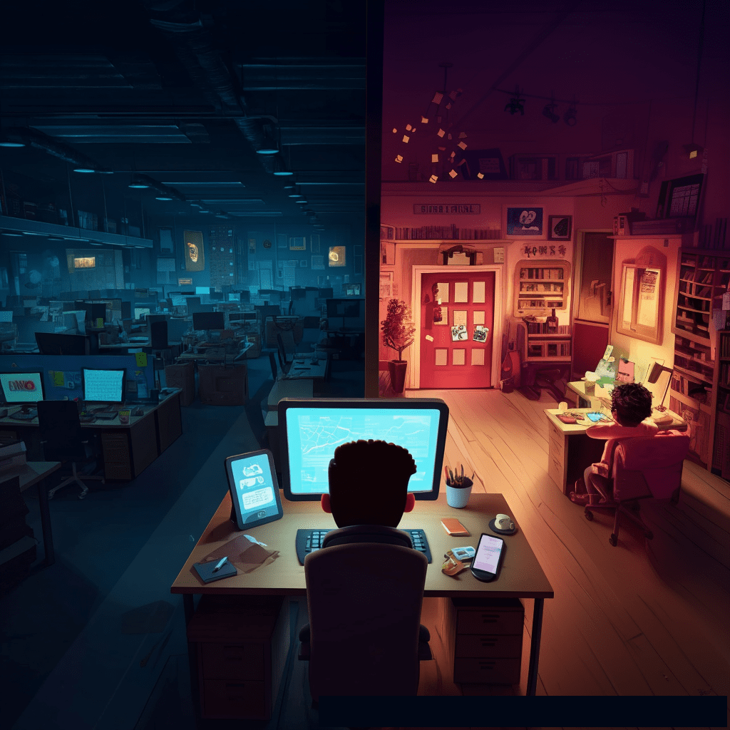 The image is split vertically: on the left, a dark, empty office with numerous computer screens glows blue, while on the right, a warm, well-lit home office shows a person working at a desk.