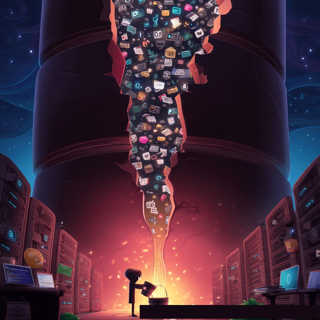 A tiny, shadowy figure stands amidst rows of server racks, collecting a torrent of small, multicolored digital icons pouring down from a massive, broken pipe or column above, glowing with an orange light.