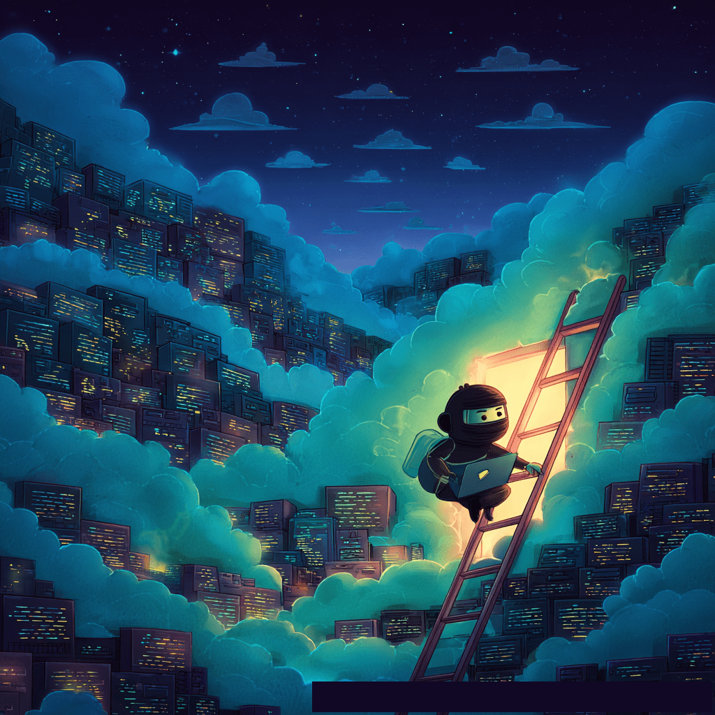 A small, dark, masked figure wearing goggles climbs a red ladder leading into a glowing opening within a cloud, while a city skyline covered in clouds and lights stretches into the distance under a night sky.