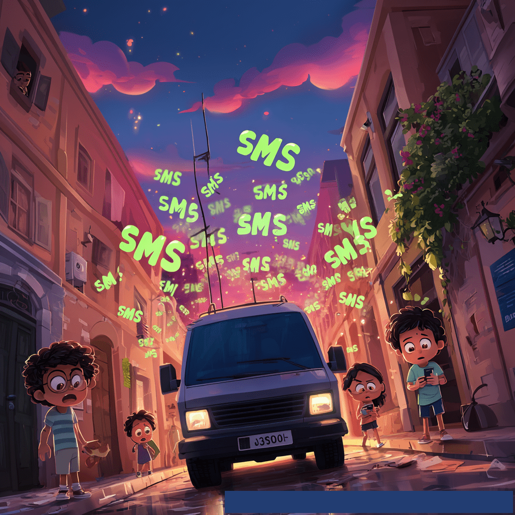 A suspicious van with an antenna on its roof drives down a narrow city street at dusk, emitting glowing green "SMS" messages into the air, while several surprised and wary people on the sidewalks observe it.