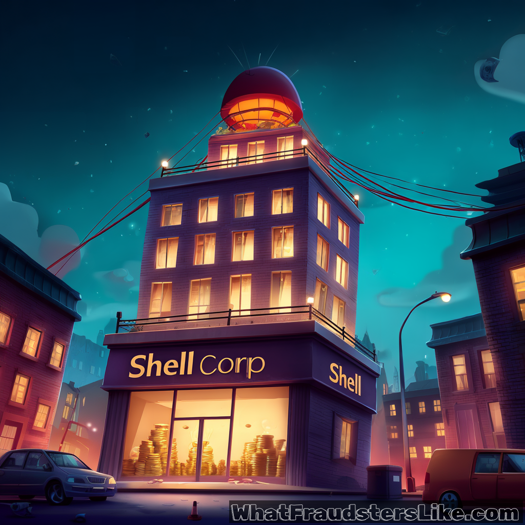 A tall, dark building labeled "Shell Corp" and "Shell" sits in a nighttime cityscape, with its ground floor windows revealing large stacks of gold coins, and wires extending from a large, glowing red dome on its roof.