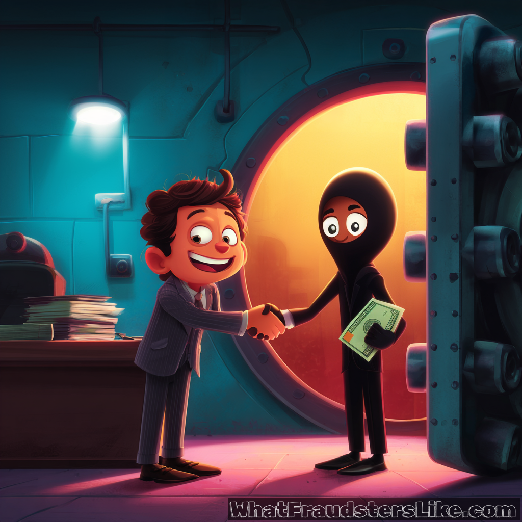 A cartoon banker and a masked thief celebrate a successful "inside job" with a handshake in front of an open vault.