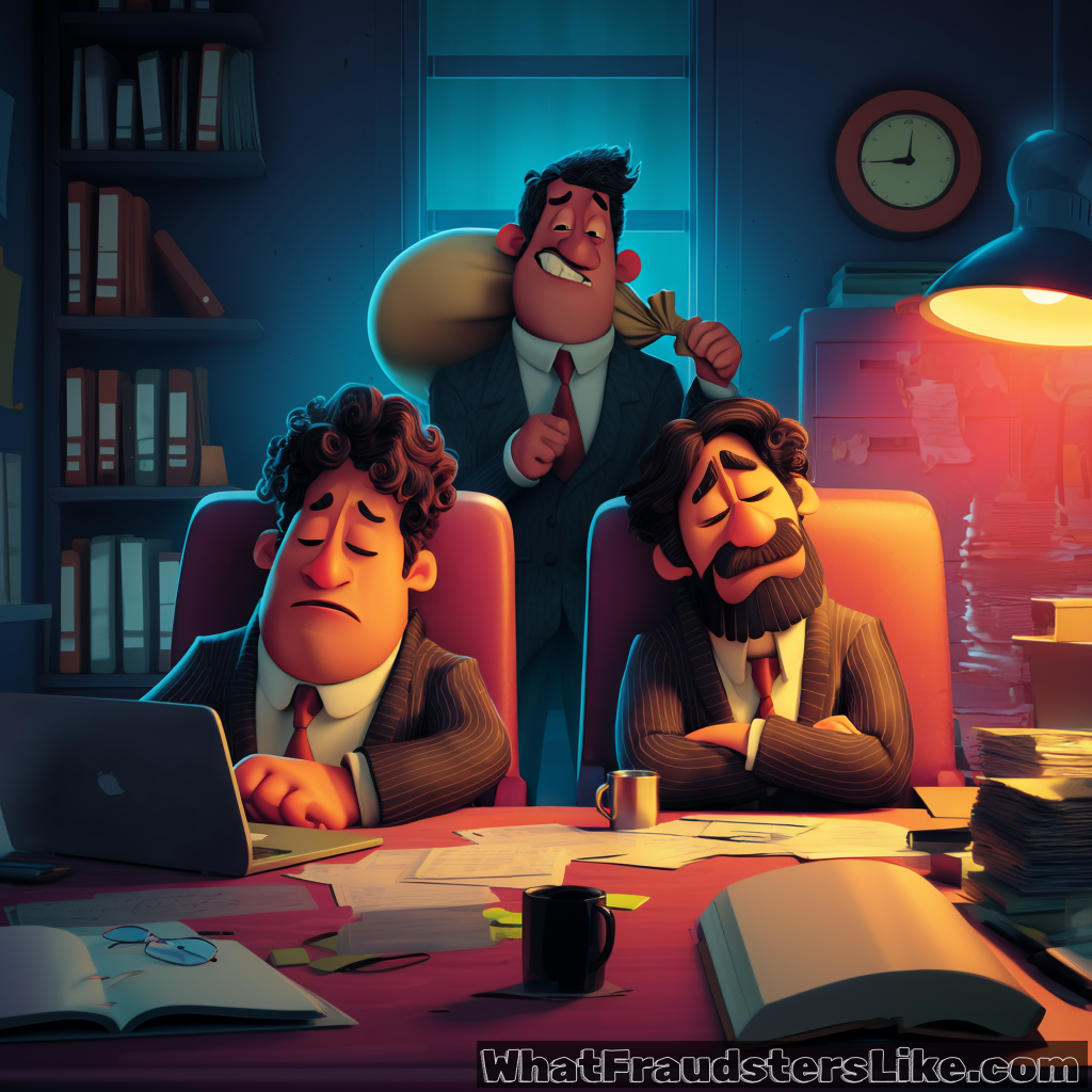 Two auditors in pinstriped suits are shown fast asleep at their desks, surrounded by overflowing stacks of paperwork and open laptops in a dimly lit office. While they doze, a third man in a suit - carrying a large, heavy sack over his shoulder - sneaks past them toward an open door, with the window in the background.