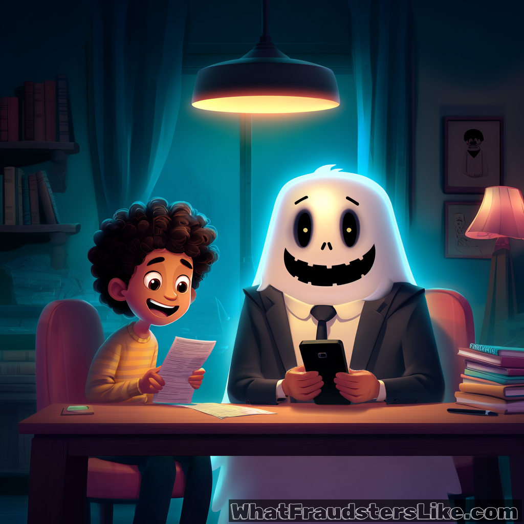 A young man with a happy expression sits at a desk, reviewing what appears to be an insurance document. Sitting next to him is a glowing, friendly-looking ghost wearing a formal business suit and tie, holding a smartphone. The scene is set in a cozy room with warm overhead lighting, creating a false sense of security. The image serves as a visual metaphor for scammers who pose as legitimate brokers to sell fake or invalid insurance policies to unsuspecting victims.