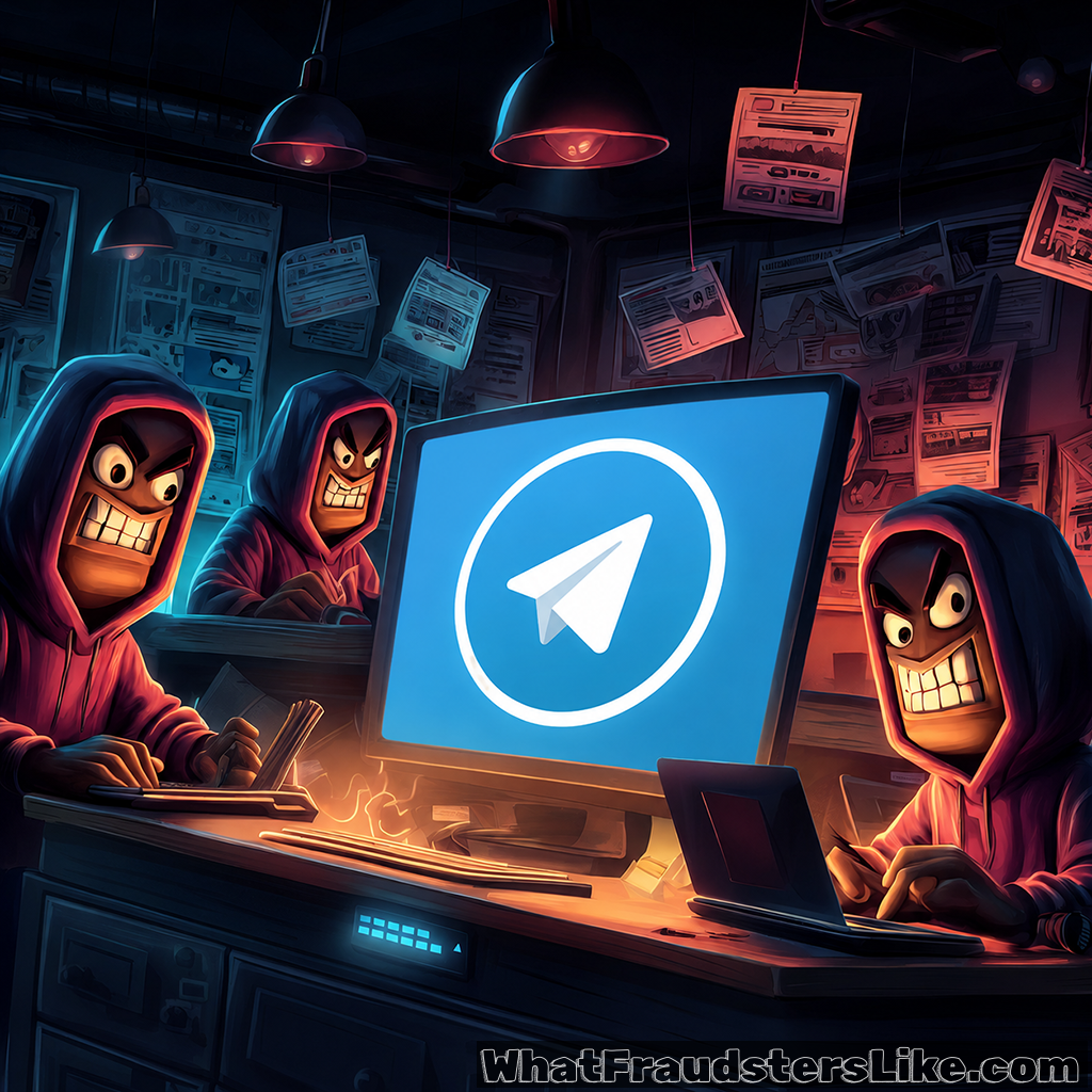 In a dark, cluttered underground lair or hacker workshop, three sinister characters wearing matching purple hoodies and masks, with aggressive, wide-toothed grins, are busy working at computers. A large central monitor prominently displays a glowing blue-and-white paper airplane logo, resembling the Telegram app icon. The walls are covered in messy newspaper clippings and documents pinned up under dim, hanging lamps, casting a warm orange glow on the desks that contrasts with the room's deep blue shadows. The image serves as a visual metaphor for cybercrime channels, underground markets, and fraud-as-a-service (FaaS) networks operating on unmoderated chat platforms.