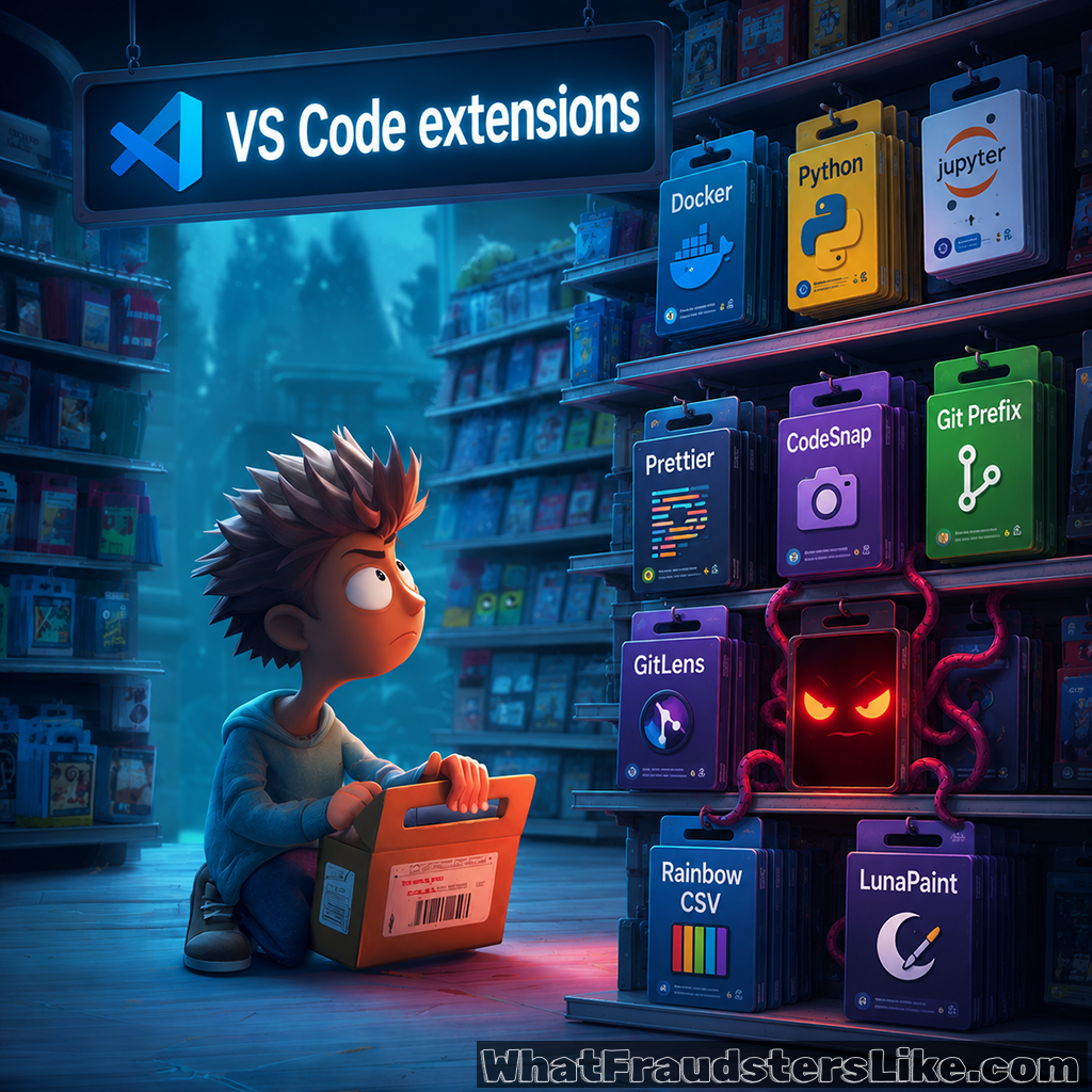 Set inside a retail store aisle with a glowing blue overhead sign that reads "VS Code extensions" alongside the Visual Studio Code logo, a young developer looks surprised and cautious while holding an open cardboard box. To his right, shelves are lined with colorful product packages representing popular coding tools, including Docker, Python, Jupyter, Prettier, CodeSnap, Git Prefix, GitLens, Rainbow CSV, and LunaPaint. Hidden among the legitimate tools is a pitch-black, sinister package with glowing red eyes and pink octopus-like tentacles wrapping around adjacent items, symbolizing a malware-infected or typosquatted extension. The image serves as a visual metaphor for supply chain attacks and the danger of developers unintentionally installing malicious code through untrusted marketplace extensions.