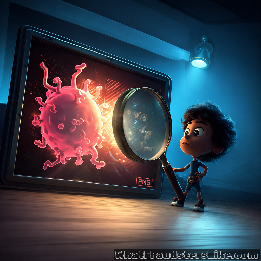In a dimly lit room with cool blue tones, a small, curious boy stands on a wooden floor, holding a large magnifying glass. He is using it to inspect a large computer monitor or digital screen. On the screen, a massive, glowing pink virus or microbial cell with long, reaching tentacles is visible, accompanied by a small red tag in the bottom-right corner that reads "PNG." A warm, orange light emanates from behind the virus, contrasting with the dark background. The image serves as a visual metaphor for steganography or malicious file exploitation, in which cybercriminals hide malware inside standard image files to bypass security filters and compromise systems.
