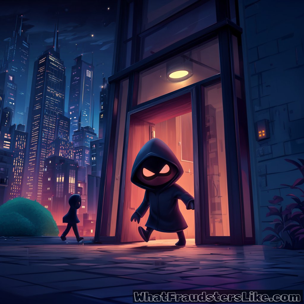 A small, shadowy figure in a dark hoodie with glowing white eyes steps out from a brightly lit office doorway into a dark city street. The glowing interior of the building contrasts sharply with the deep blue and purple tones of the nocturnal cityscape in the background. The image serves as a metaphor for how unauthorized or unmanaged software and hardware - Shadow IT - can create "open doors" or vulnerabilities that allow threats to exit the protected corporate environment or enter it undetected.