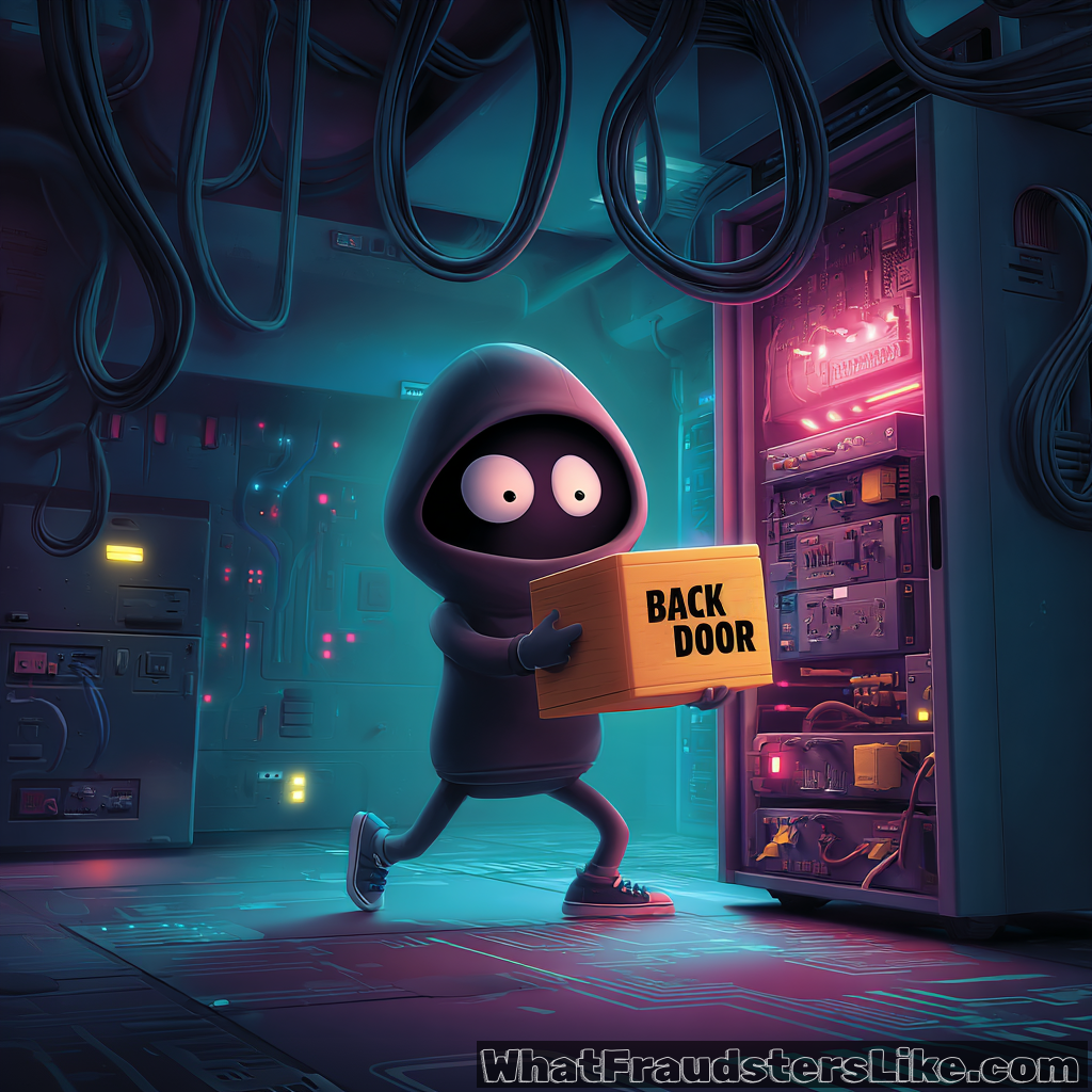 A small, shadowy figure in a dark hoodie with glowing white eyes steps out from a brightly lit office doorway into a dark city street. The glowing interior of the building contrasts sharply with the deep blue and purple tones of the nocturnal cityscape in the background. The image serves as a metaphor for how unauthorized or unmanaged software and hardware—Shadow IT—can create "open doors" or vulnerabilities that allow threats to exit the protected corporate environment or enter it undetected.
