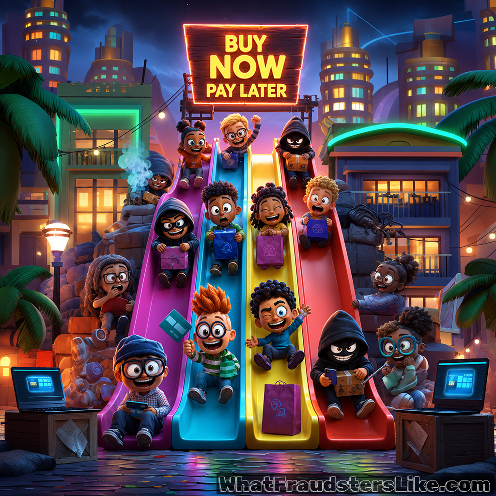 Set against a vibrant, nocturnal city skyline with glowing buildings and palm trees, several cartoon characters are sliding down a large, multi-lane playground slide. At the very top of the structure, a bright neon sign glows with the text "BUY NOW PAY LATER." While some children slide down holding shopping bags with happy or surprised expressions, multiple sinister, hooded hacker figures with malicious grins are interspersed among them, clutching stolen packages and smartphones. On the ground level at both sides of the slide, open laptops on wooden crates display digital account interfaces. The image serves as a visual metaphor for Buy Now, Pay Later (BNPL) fraud, illustrating how scammers exploit friction-free sign-up processes for identity theft, account takeover, and new account fraud.