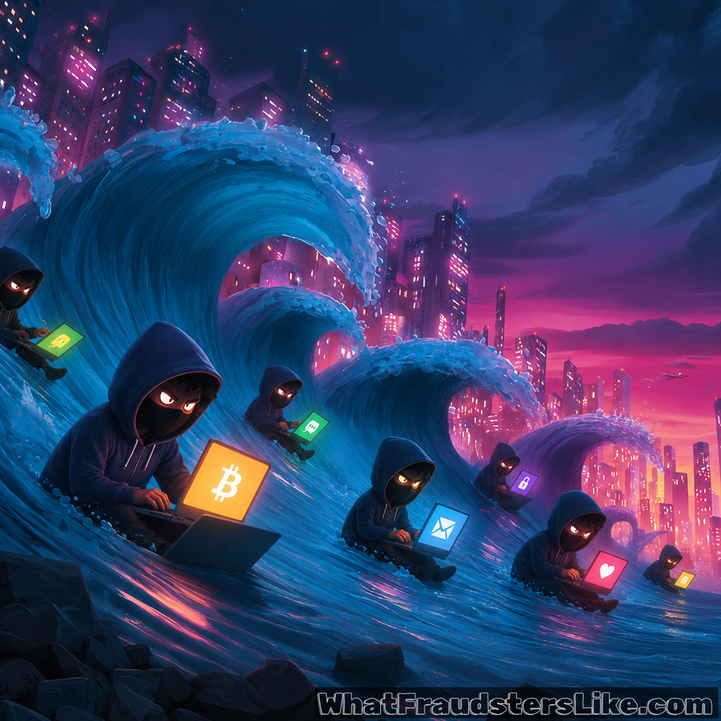 Set against a dramatic, neon-lit city skyline during a pink and purple sunset, a series of enormous, stylized ocean waves surge forward. Riding or floating amidst the churning blue waves are multiple anonymous, hooded hacker figures wearing dark masks with glowing orange eyes. Each figure is focused on an open laptop. The backs of the laptops glow with different colorful icons representing various digital targets: a yellow Bitcoin symbol, a blue envelope (email), a pink heart (romance scams), a green speech bubble (messaging), and a purple padlock (security/ransomware). The image serves as a powerful visual metaphor for a overwhelming wave of cyberattacks, continuous phishing campaigns, or the pervasive, multi-faceted nature of modern online fraud.