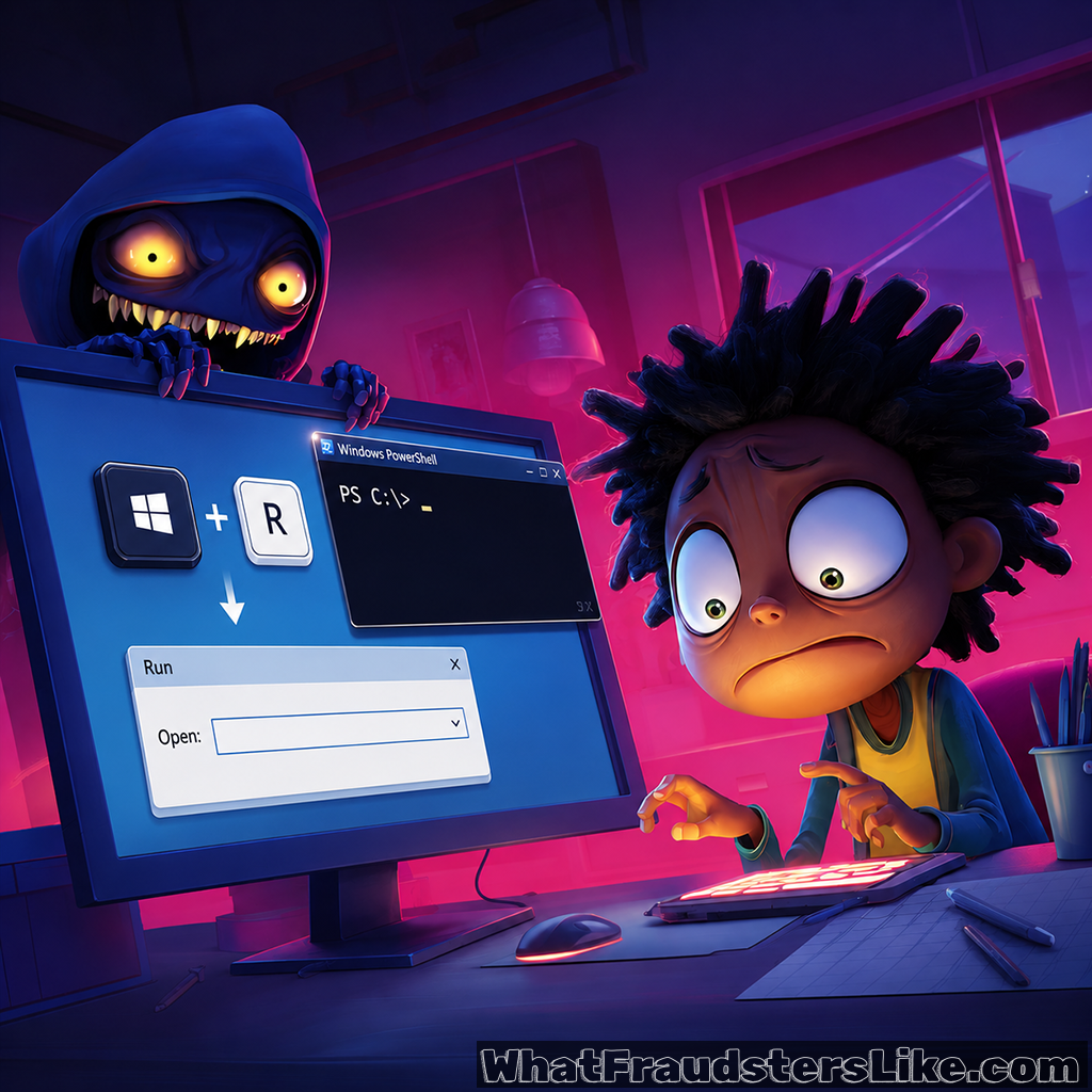 A panicked young developer or user with wide eyes and spiky hair sits at a desk in a room illuminated by neon pink and purple lighting. On the large computer monitor in front of him, an instruction graphic displays the "Windows Key + R" shortcut leading to an open "Run" command box. Above it, a black "Windows PowerShell" command-line window shows PS C:\>. Leering menacingly over the top of the monitor is a small, hooded creature with sharp teeth and glowing yellow eyes, representing a malicious script or hacker. The image serves as a visual metaphor for how scammers trick unsuspecting users into using terminal shortcuts to execute dangerous commands or install malware.
