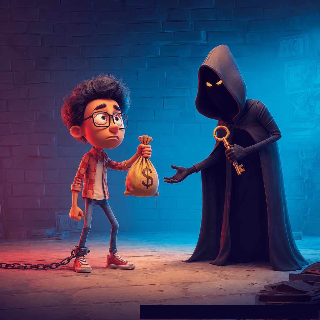 A 3D digital illustration portrays a tense extortion scene against a dark brick background split by dramatic red and blue lighting. On the left, a slender, curly-haired young man with oversized glasses, a red plaid flannel shirt over a white tee, jeans, and red sneakers stands chained by a heavy iron shackle around his right ankle. With an anxious, worried expression, he extends a bulging burlap sack stamped with a bold dollar sign ($). Facing him on the right is a shadowy, faceless villain draped in a long black hooded cloak with glowing yellow slit eyes. The cloaked extortionist holds up an ornate golden brass key in one hand while reaching the other hand out to demand the money in exchange for the captive's release.