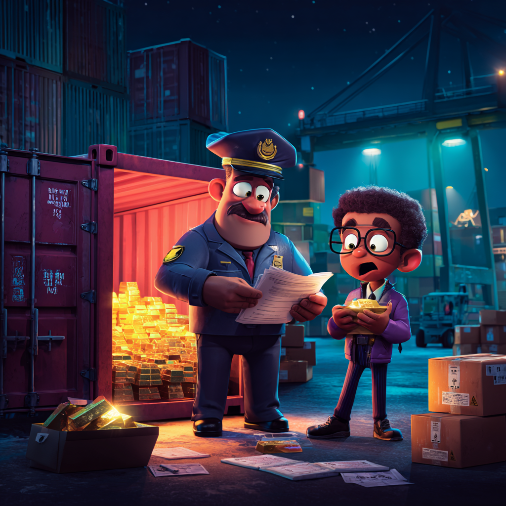 Set at a shipping port at night, a mustache-bearing customs officer in a blue uniform reviews a set of cargo documents. Next to him, a young man wearing glasses looks anxious as he holds a shiny gold bar. Behind them, an open red shipping container glows warmly from the massive stacks of gold bullion hidden inside, contrasted by the dark teal and blue tones of the surrounding harbor, cranes, and cargo crates. The image serves as a visual metaphor for illicit financial flows disguised as legitimate trade commodities.
